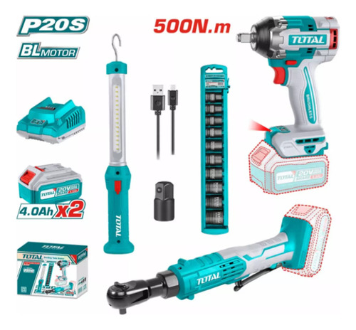 Kit Total 20v Llave Impacto 1/2'' Crique 3/8'' Dados Y Foco - Imagen 2