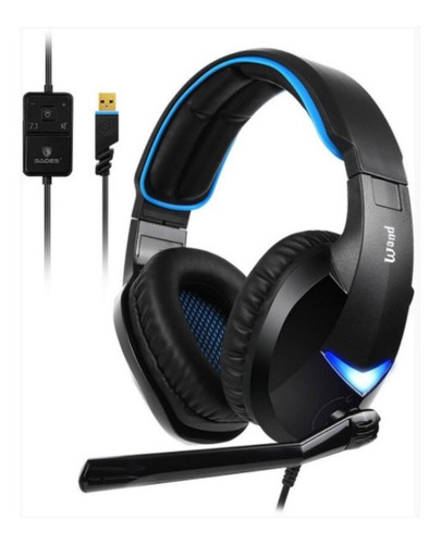 Auriculares Pro Gamer Sades Wand 7.1 Led Azul Usb Color Negro
